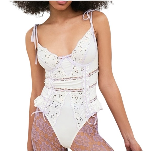 For Love And Lemons Other - For Love and Lemons Daisy Eyelet Embroidered Bodysuit White and Lavender 36C NWT